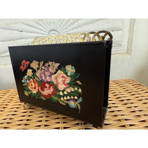 Vintage 50's Black Metal Floral Hand Painted Toleware Napkin/Letter Holder - Picture 3 of 7
